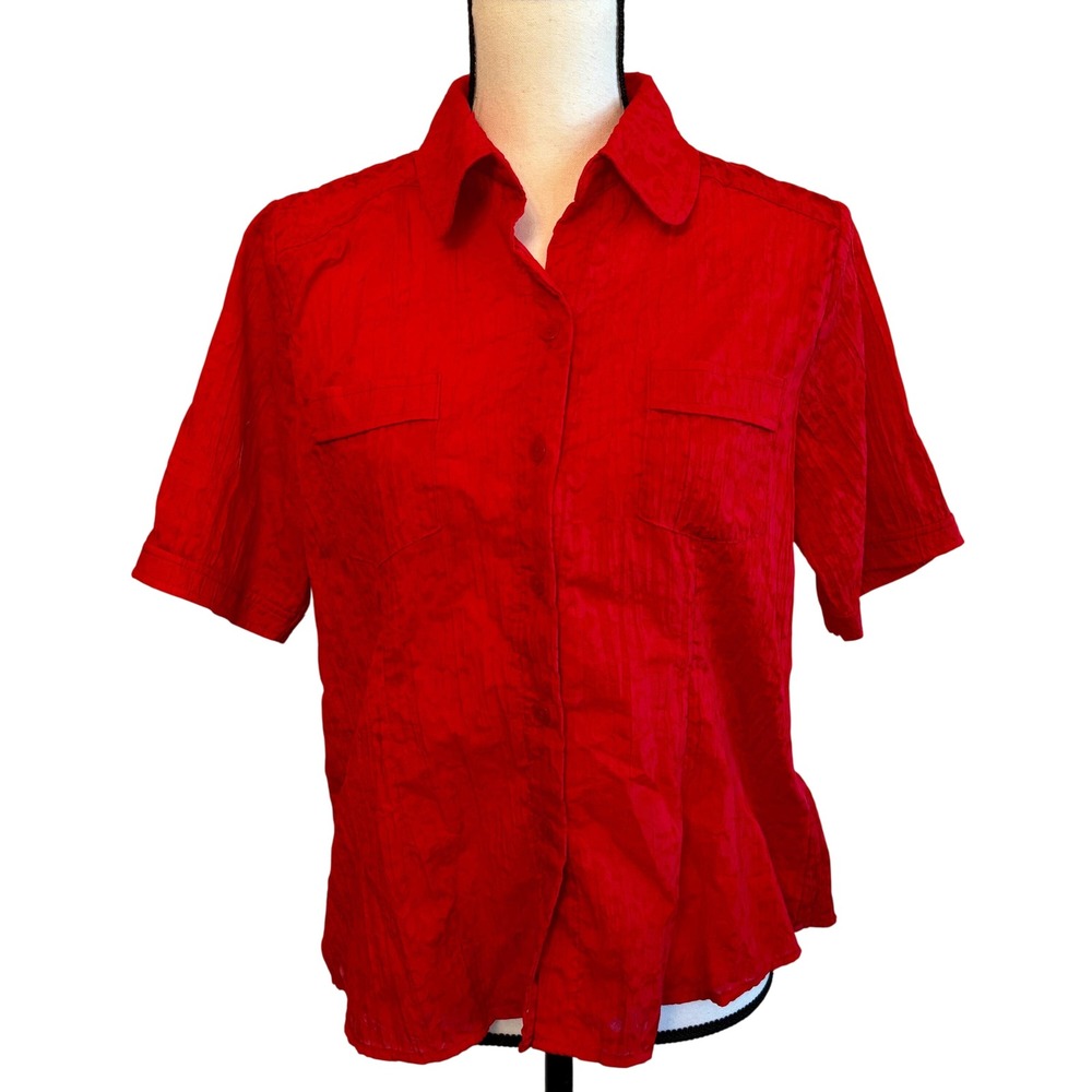 Bold 90s‎ Red Light Cutout Short Sleeve Button Blouse Women's Extra Small XS